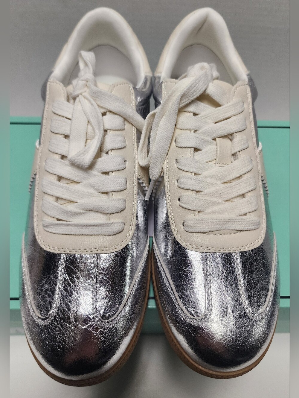 7.5 Womens Silver Metallic Lace Up Sneakers Cream Accents Shoes MIA girl New
